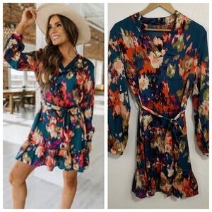 Long Sleeve Teal Abstract Floral Watercolor Knee Length Dress Size M